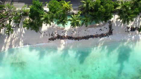 drone of baie lazare beach, effects of climate change, global warming, loosing the shoreline, building of wall to protect the land, mahe seychelles 30fps