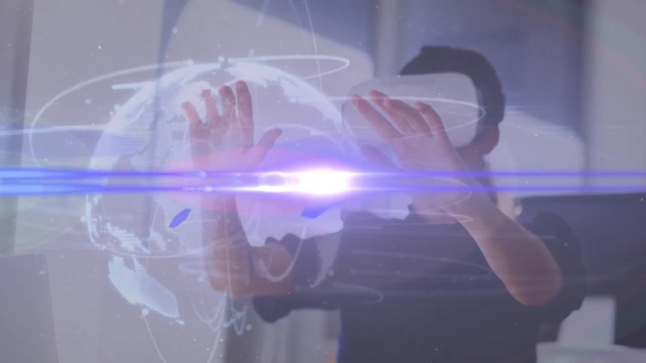 animación de un hombre de negocios observando el globo con remolinos iluminados a través de un simulador de realidad virtual