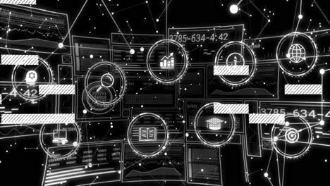 displaying data charts and network icons, digital interface with animation elements