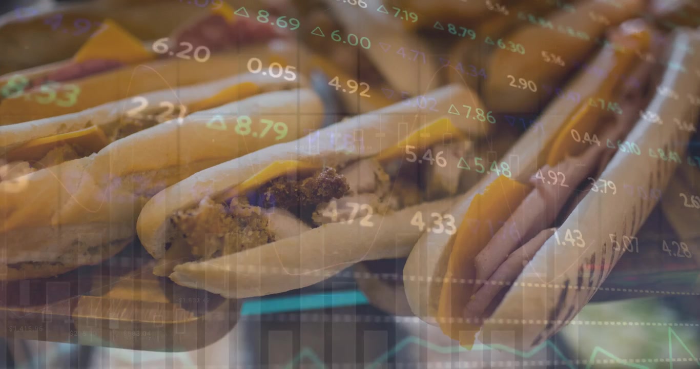 Animação de processamento de dados financeiros sobre sanduíches