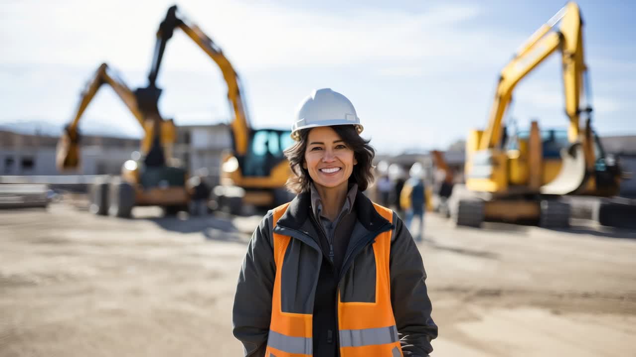 A cheerful construction worker in a hard hat and vest, shot from a low angle