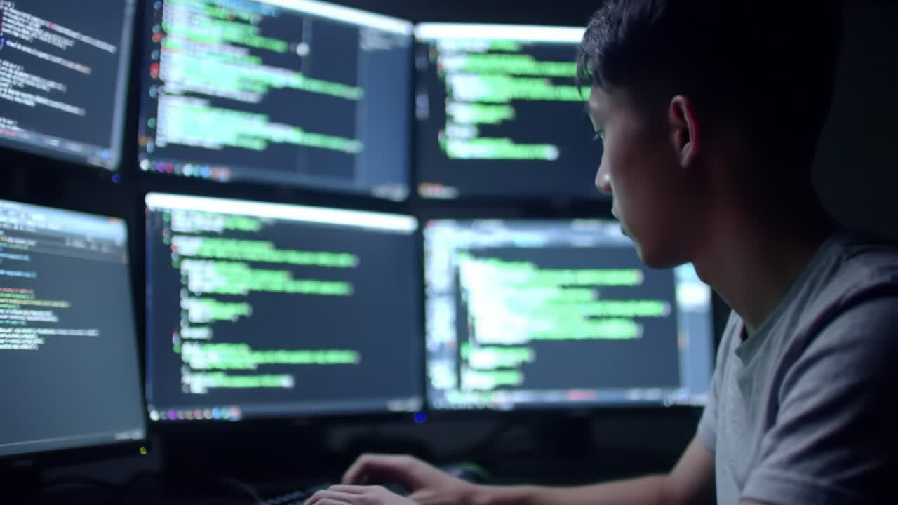 Focused Programmer Analyzing Code on Multiple Computer Screens During Late-Night Session in a Dark Environment, Highlighting the Intensity of Modern Coding Work