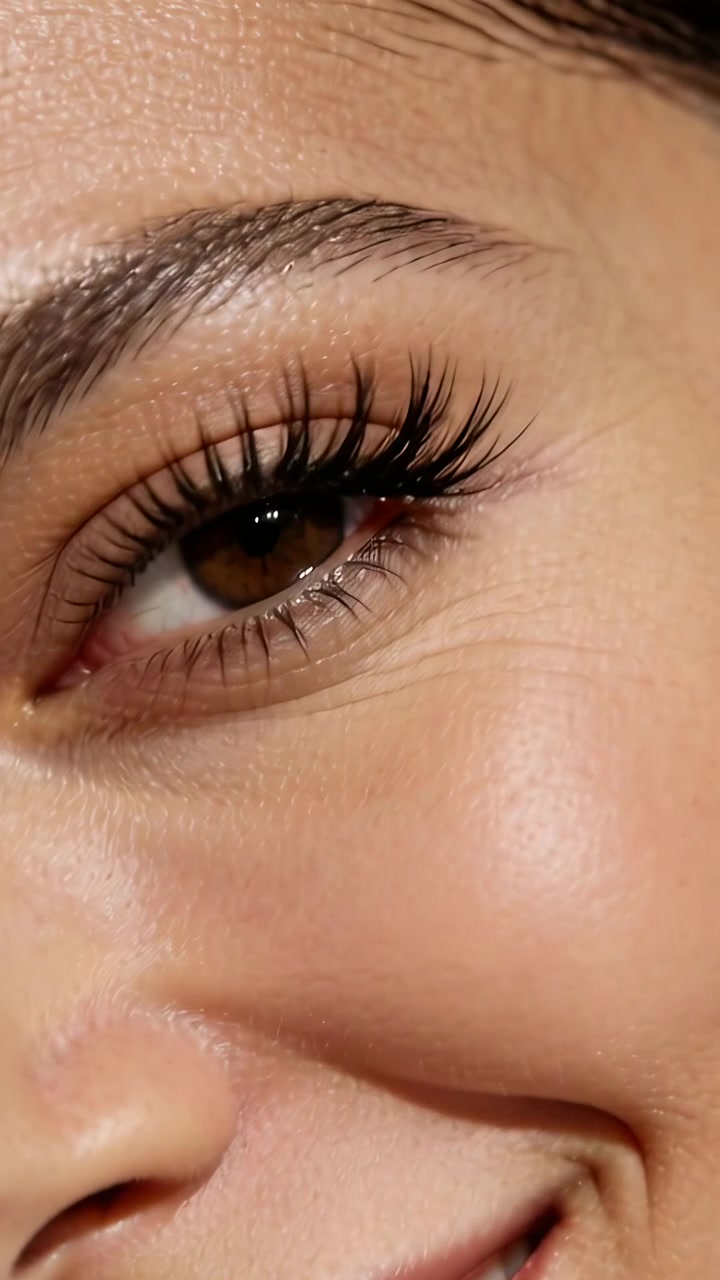 Vertical video: Blinking, adult female opening eye while camera shifting to set showing lashes