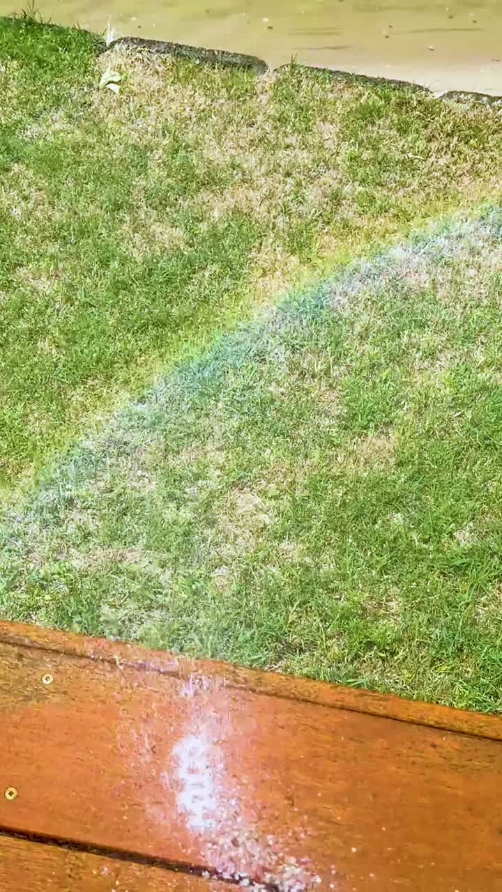 el arco iris aparece sobre la hierba y la cubierta de madera