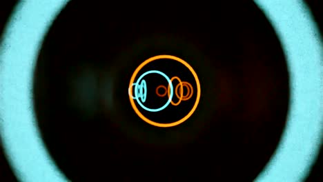 loop animation through illuminated neon tubes in blue and orange moving into the middle.