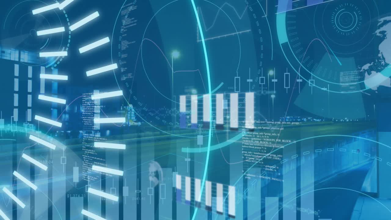 Animation of 5g text, globe and multiple circles over time-lapse of moving vehicles on bridge