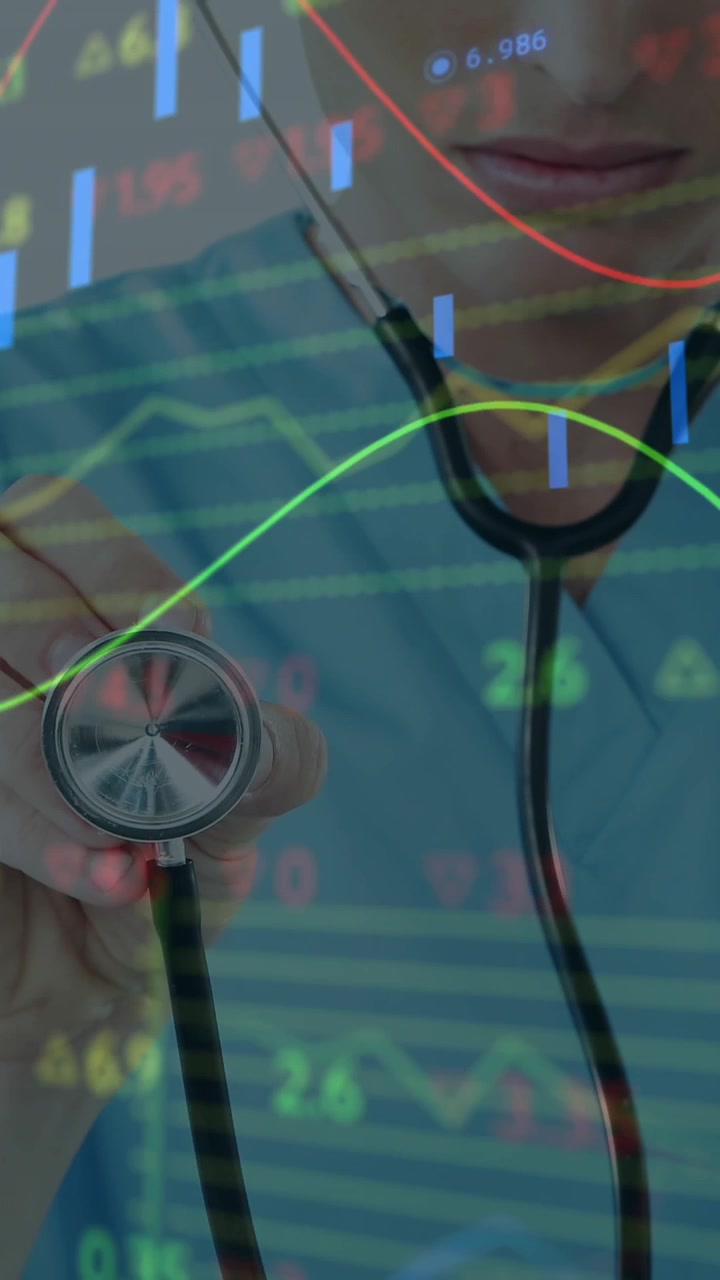 Animazione di elaborazione dati e statistiche su una dottoressa con stetoscopio.