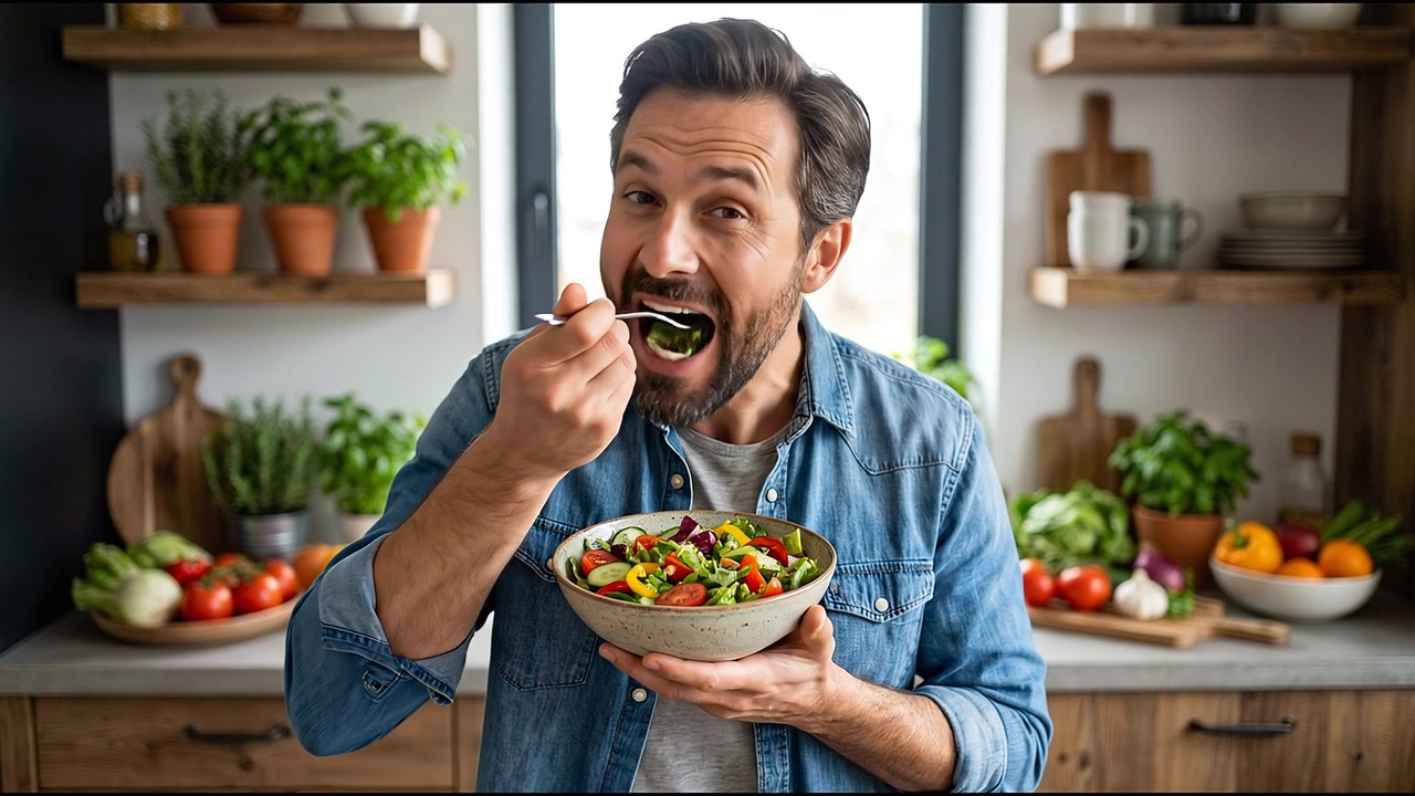 Uomo che gusta un'insalata sana in una cucina moderna con verdure fresche e piante da cucina sullo sfondo.