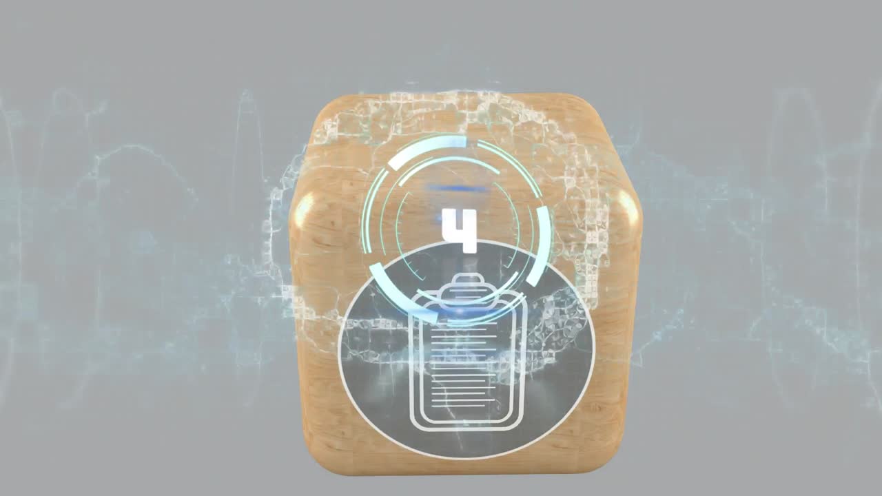 анимация сканирования масштаба и цифрового мозга над кубом на сером фоне