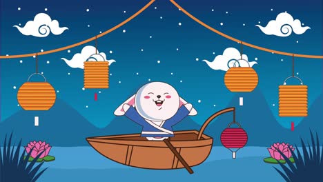 mid autumn festival animation with rabbit in boat and lamps hanging