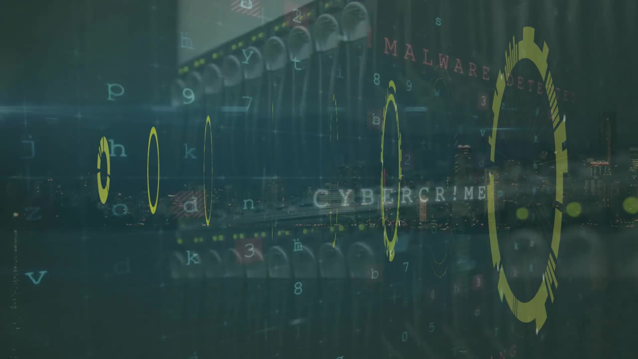 Animation of circular scanner, data processing and security warning text over computer server room