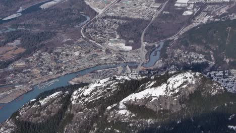 Squamish-City,-BC-Aerial-View-from-Small-Airplane,-Winter-Day