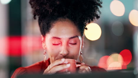 black woman in business, face with coffee