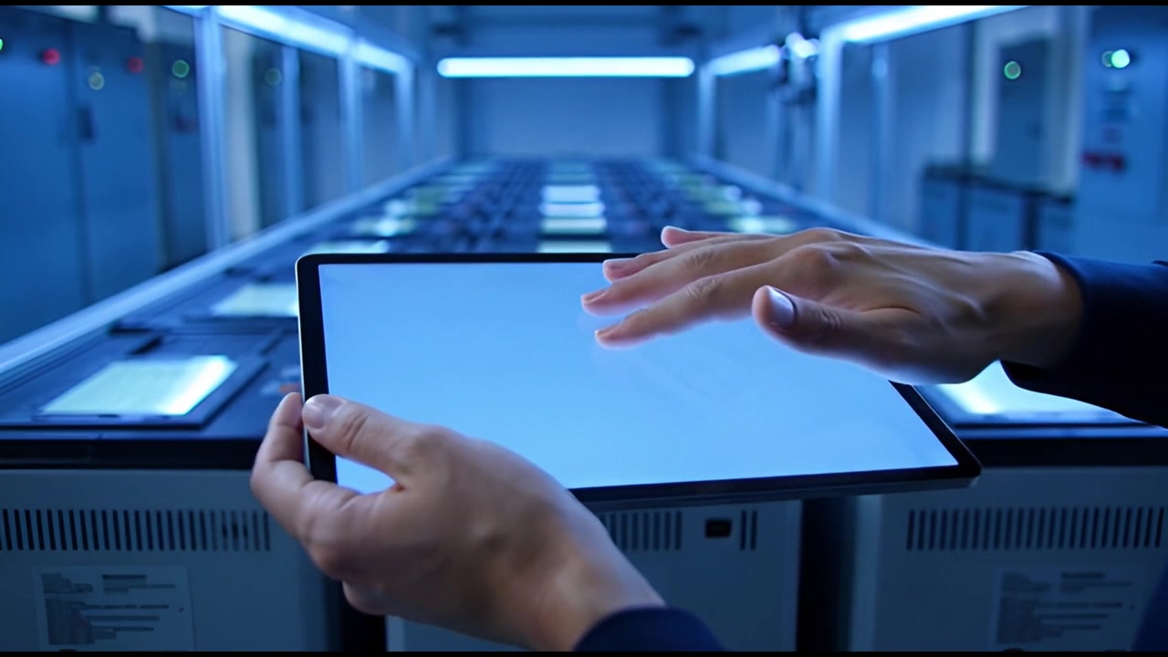 Hands Interacting with Tablet Screen in a High-Tech Server Room