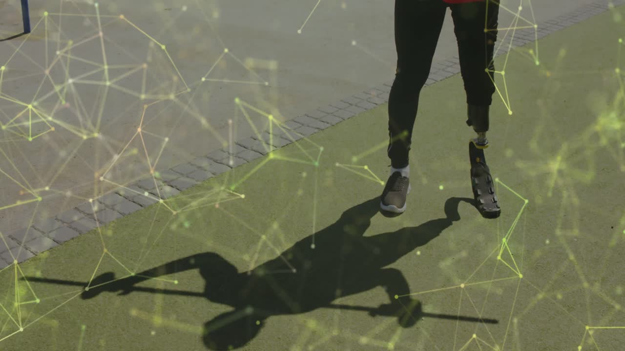 Animation of yellow communication network over male athlete with running blade lifting weights
