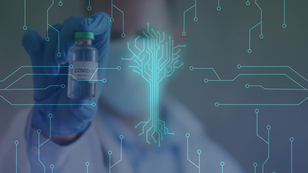doctor raising COVID vial to camera in medical clinic forming neon circuit tree pulsing around vial