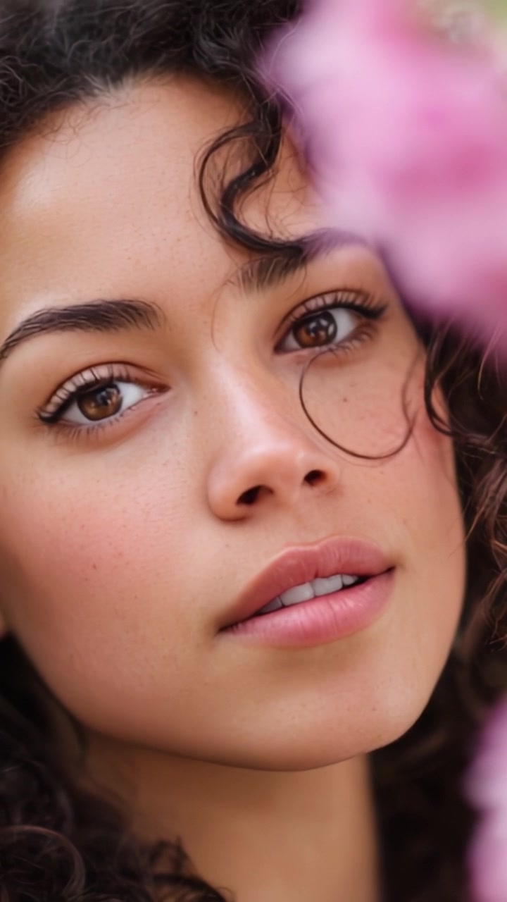 Captivating Close-Up of a Natural Beauty Framed by Soft Floral Elements, Highlighting Expressive Features and Radiant Skin Under Gentle Lighting