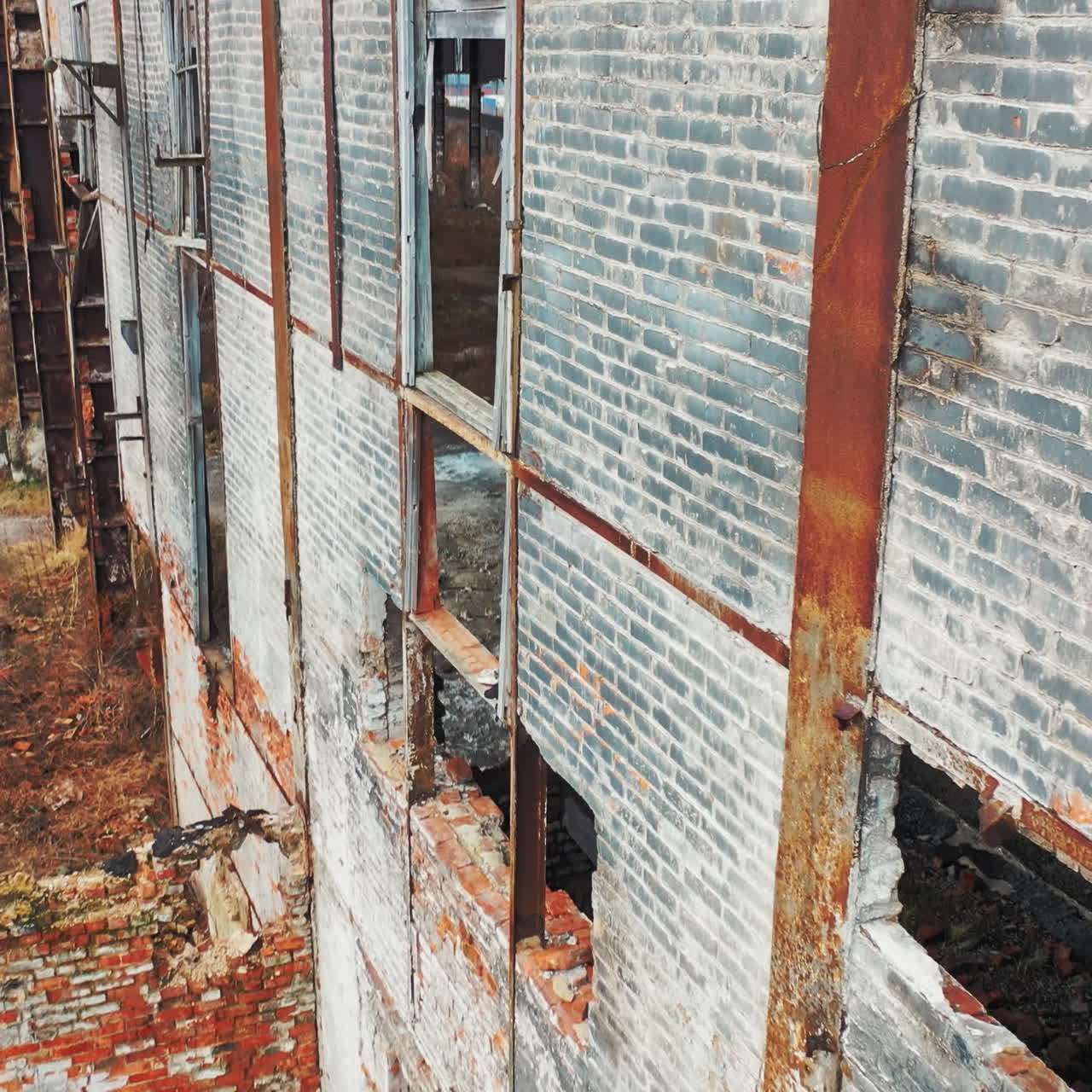 Ruins of an old factory. Old industrial building for demolition. Aerial view