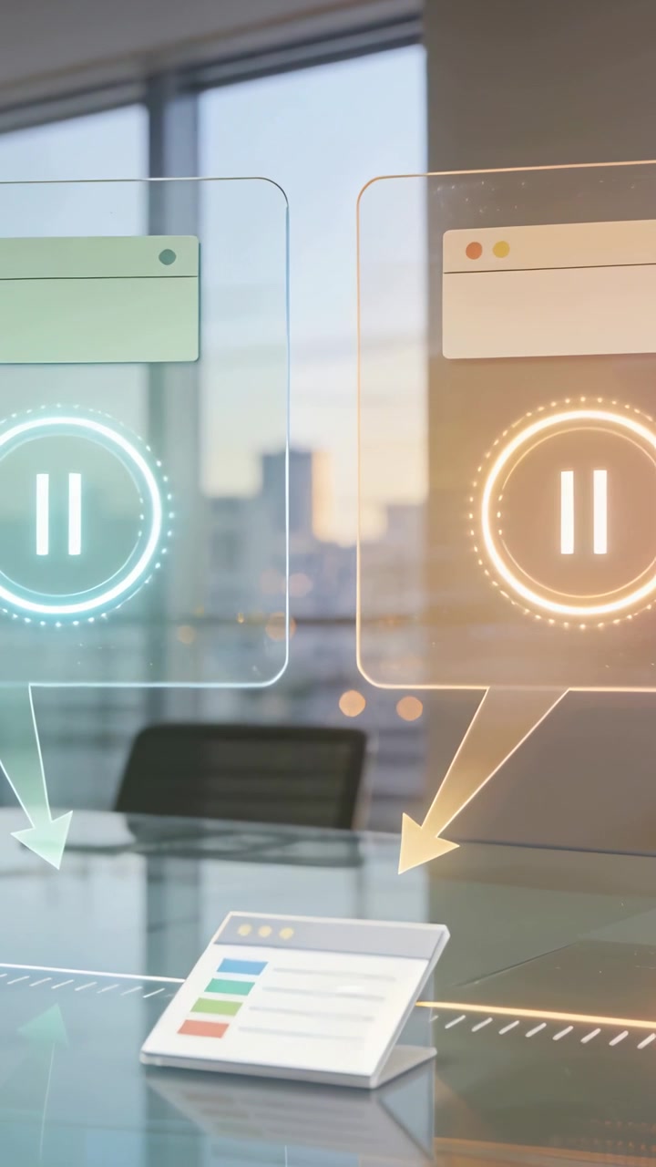 Vertical video: Activating AR panels pulsing at conference table emphasizing pause icons, data card