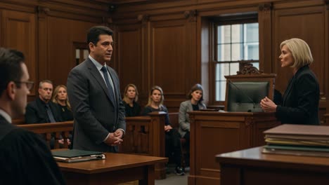 a dramatic courtroom scene highlighting tension and justice as lawyers present arguments amidst a captive audience of jurors and observers