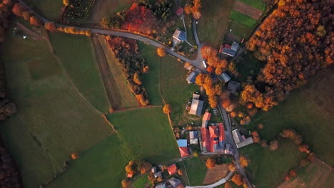 Top-Down-Aerial-Shot-of-The-Camino-De-Santiago-or-Way-of-St-James-and-Old-Village-in-Spain