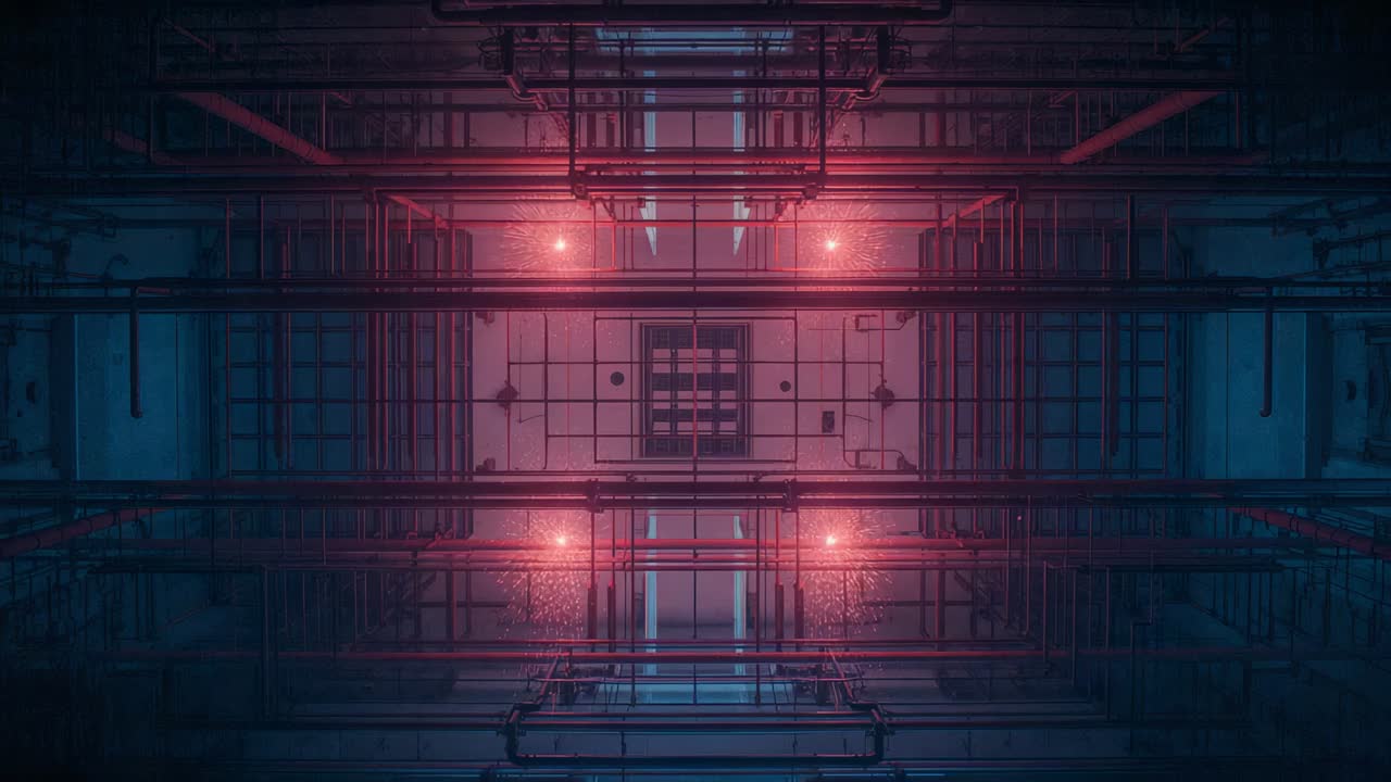 Glowing neon-lit corridor initiating pulsing across pipes, scaffold grid, revealing control panel