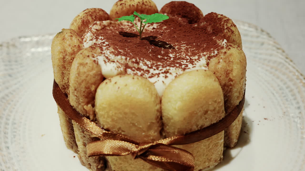 Primo piano di un tiramisù con cacao in polvere e savoiardi disposti elegantemente sui bordi.