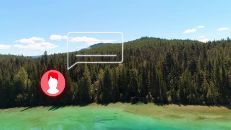animation of chat bubble and profile icon over scenic forest and lake backdrop