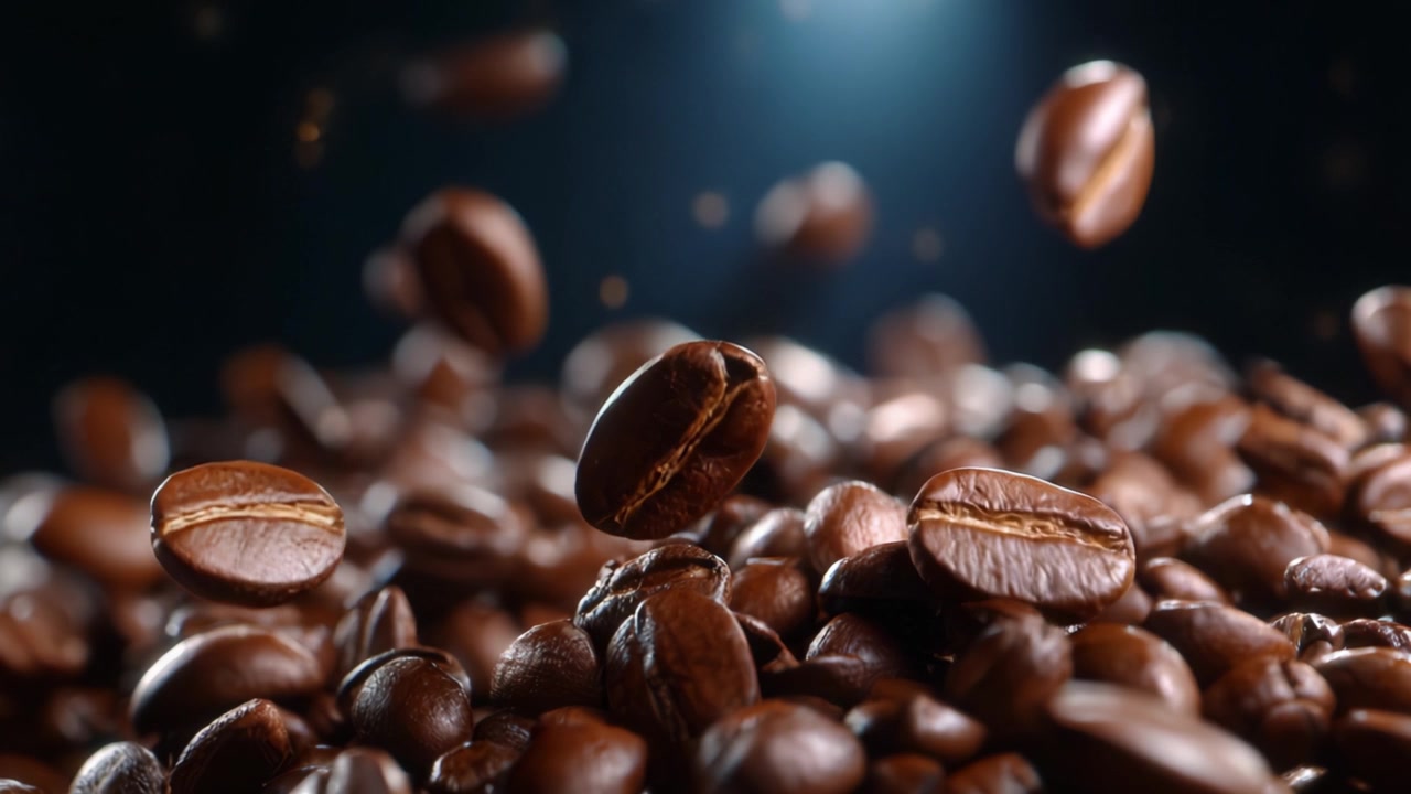 Fængslende faldende kaffebønner mod en mørk baggrund med lyse højdepunkter, der skaber en fortryllende visuel oplevelse af den rige aroma og bryggede essens.