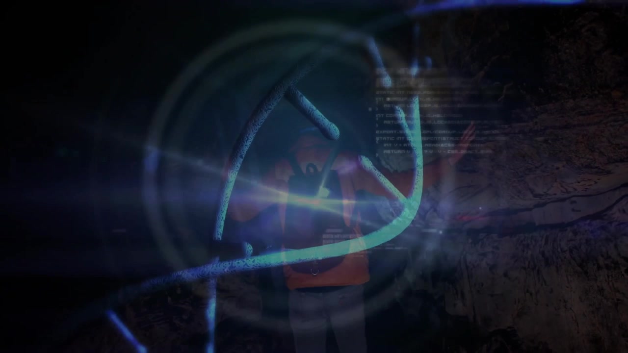 Man exploring rocky chamber science display, projecting glowing DNA helix with HUD code fragments