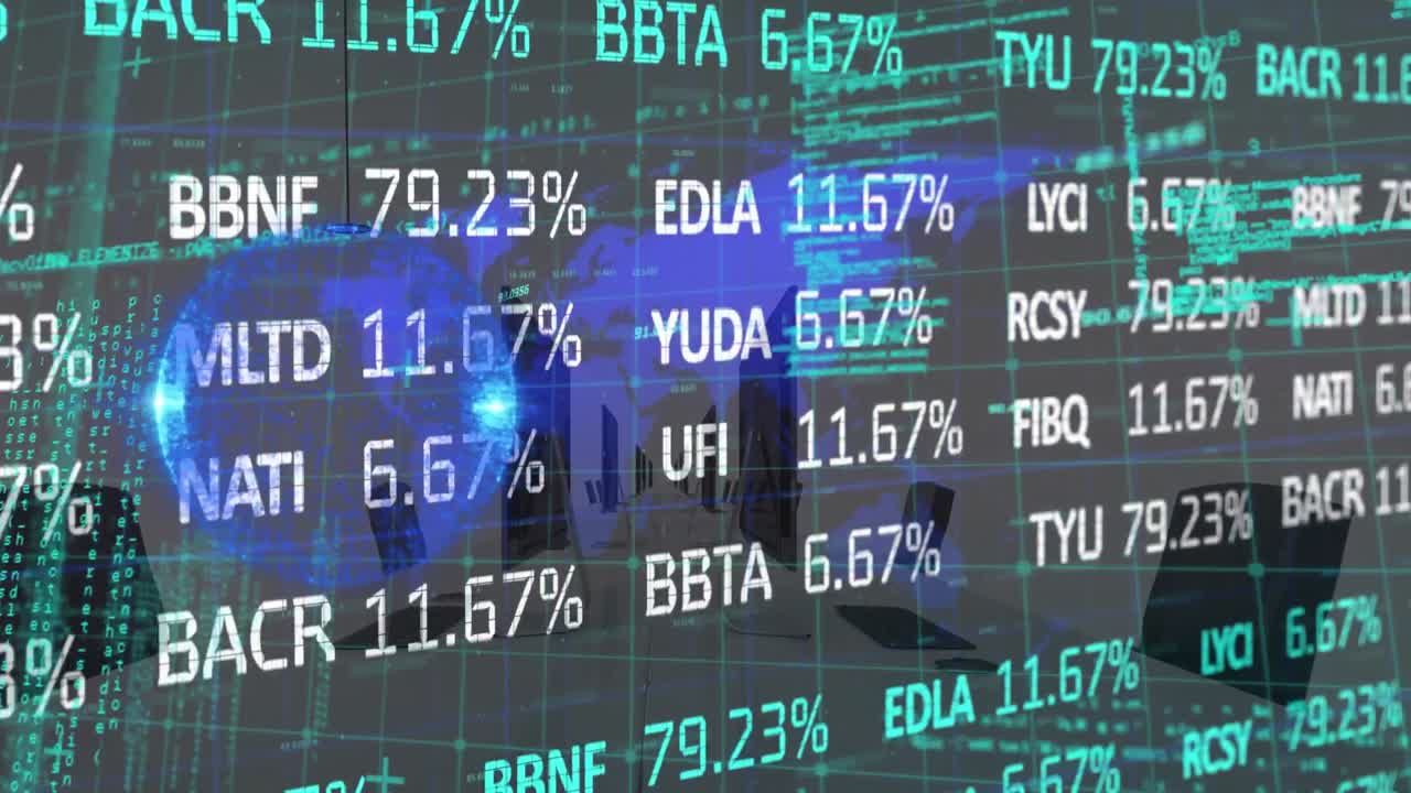 Animation of financial data processing over modern office