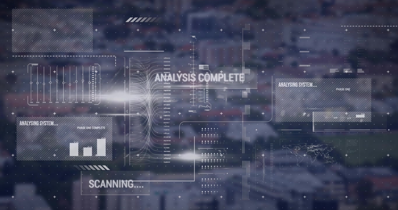 Animation of graphical infographic interface screen with analysis, scanning and functioning text