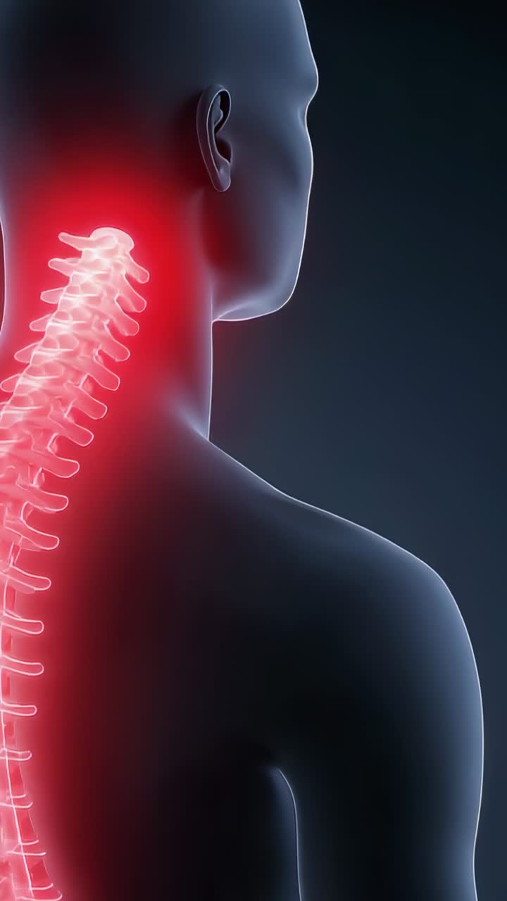 Video verticale: all’avvio, modello traslucido del collo medio con alone rosso pulsante sulla colonna cervicale che mostra il dolore