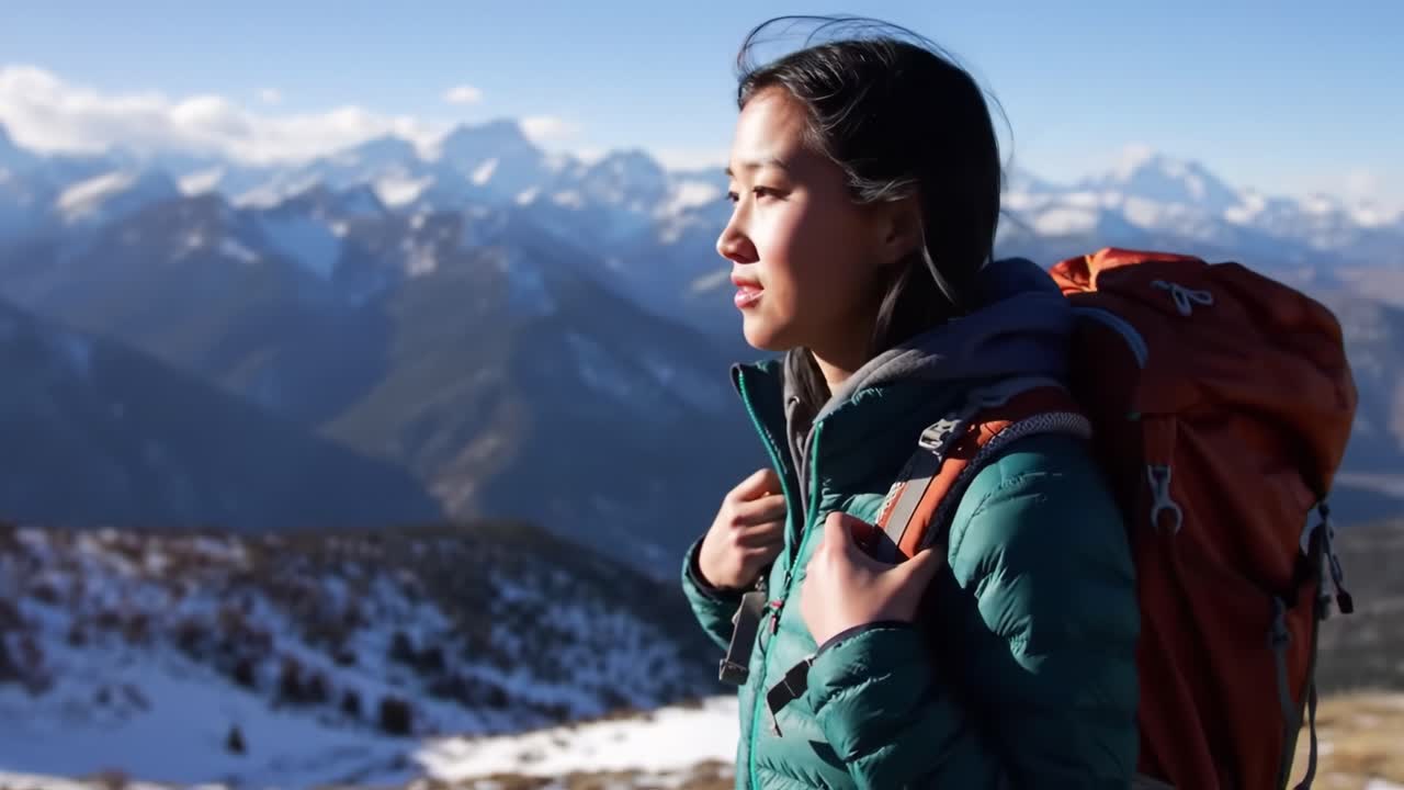 산에서 하이킹하는 여자