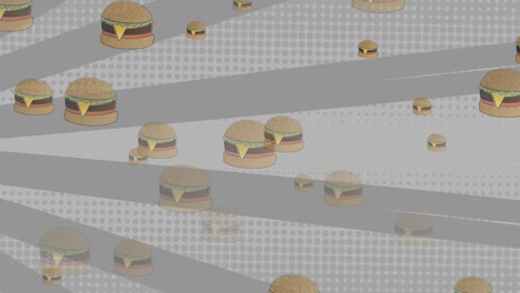 animación de hamburguesas de queso que caen sobre rayas grises rotativas y puntos sobre fondo blanco