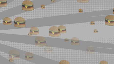 animation of cheeseburgers falling over rotating grey stripes and dots on white background