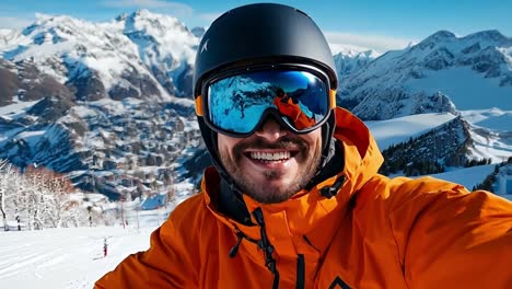 a man in an orange jacket and goggles taking a selfie in the snow