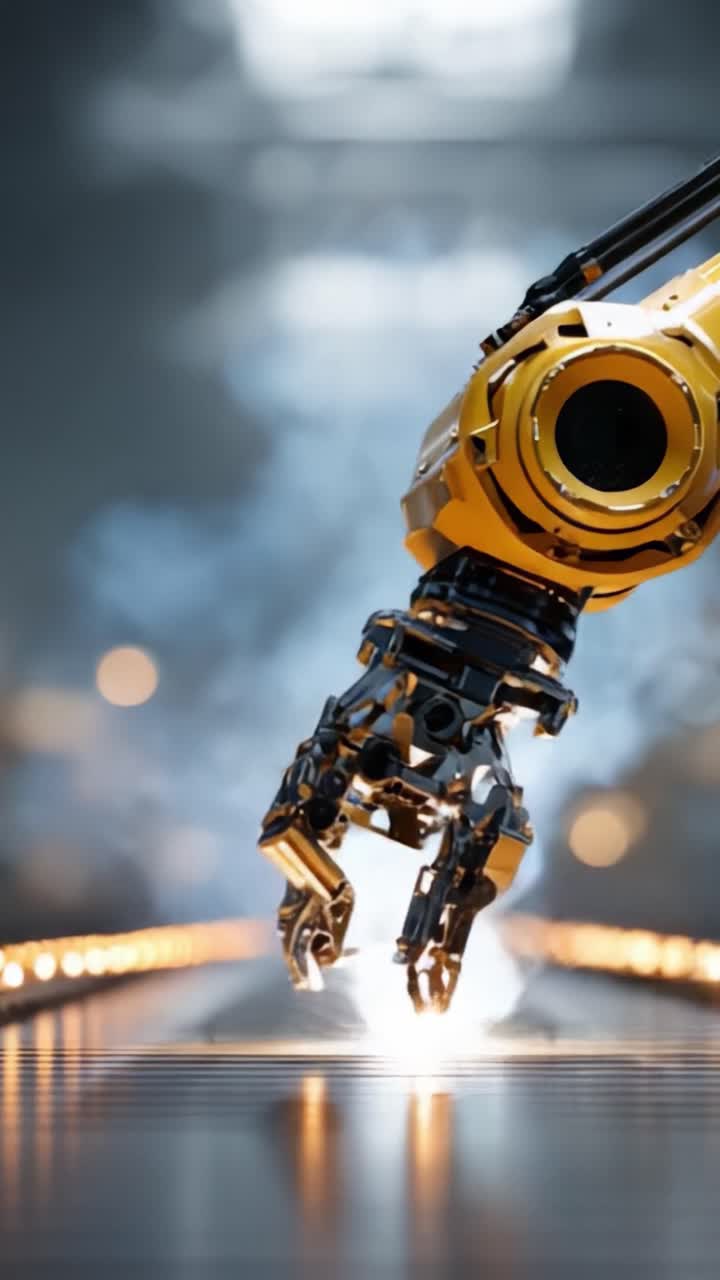 En avanceret robotarm i aktion: Indfanger præcisionen og kraften i automatisering i produktionsmiljøer med gnister og røgeffekter