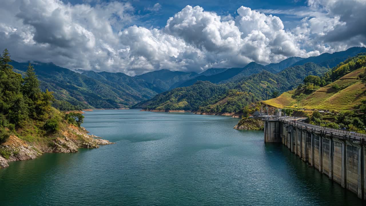 Breathtaking View of a Mountain Reservoir Under a Dramatic Sky, Capturing the Serenity of Nature's Landscape with Lush Green Hills and Calm Waters