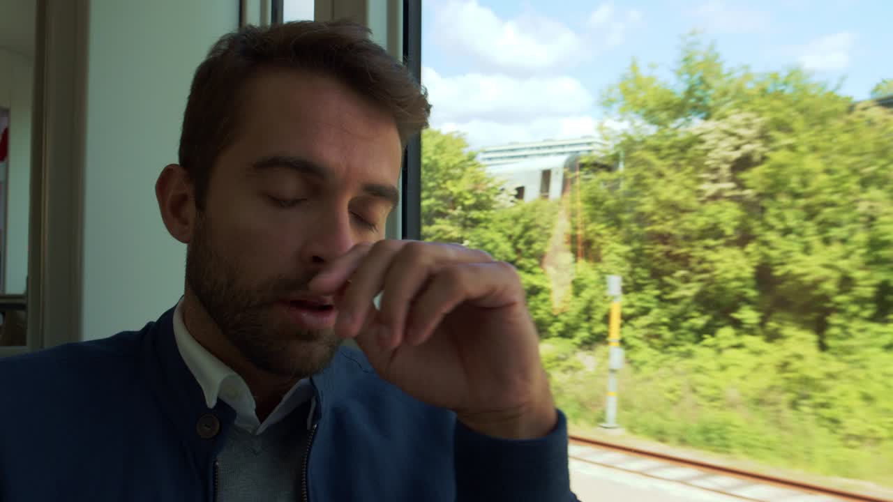 Tired Train Passenger Falling Asleep