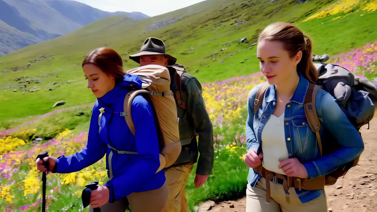 Grandfather with his teenage granddaughters hiking in the spring.