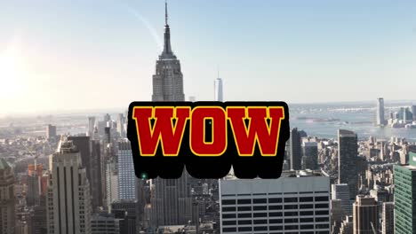 Digital-animation-of-wow-text-over-retro-speech-bubble-against-aerial-view-of-cityscape