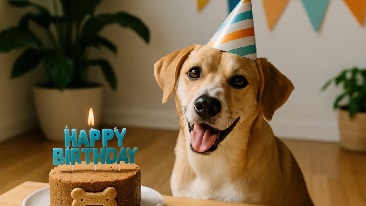 A cheerful dog wearing a party hat sits by a birthday cake with a lit ...