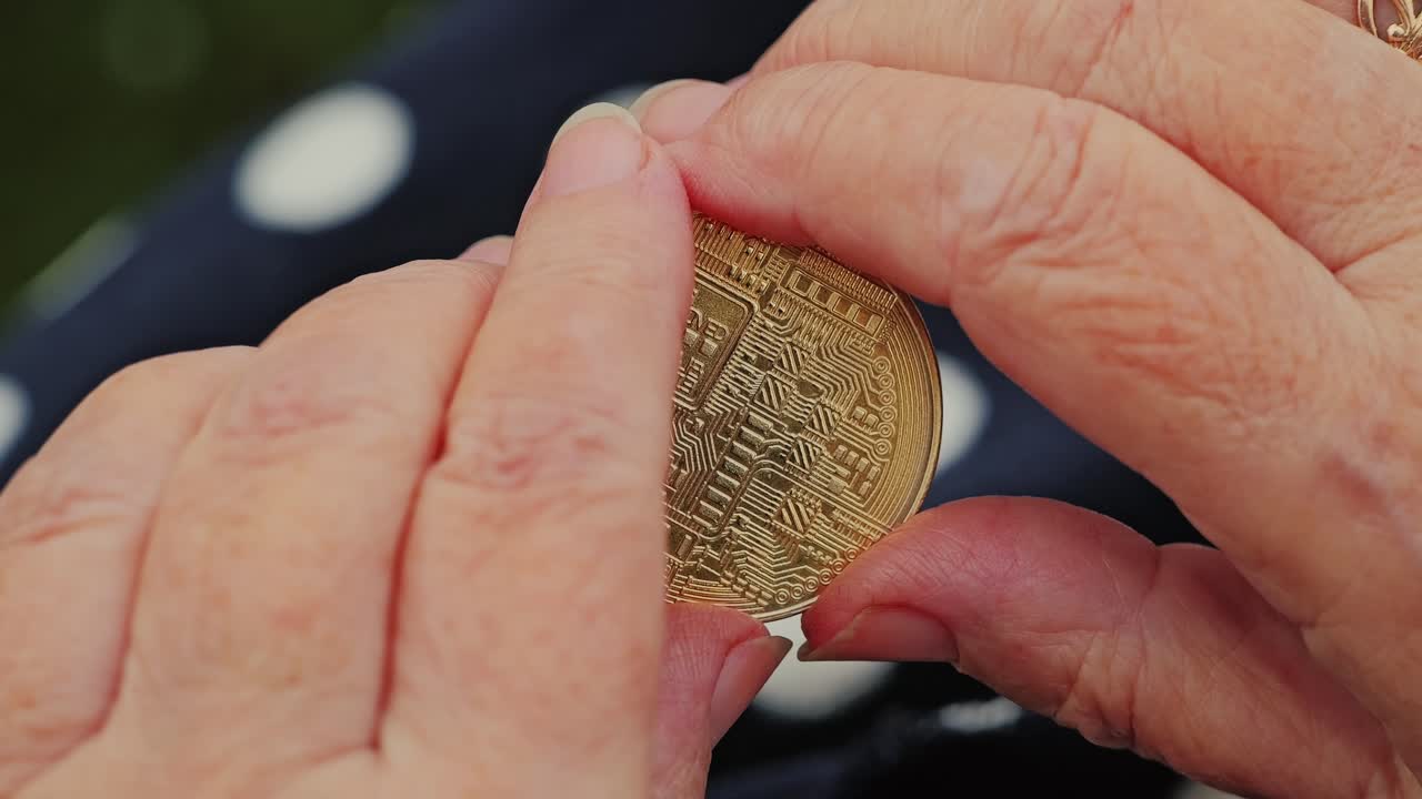 Close up of pensioner exploring crypto coin as symbol of modern financial change