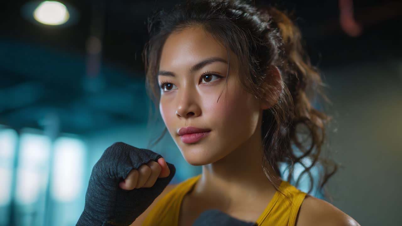 Determined Fighter Ready to Train with Focused Expression in a Dynamic Gym Setting Showcasing Strength and Dedication to Martial Arts and Fitness