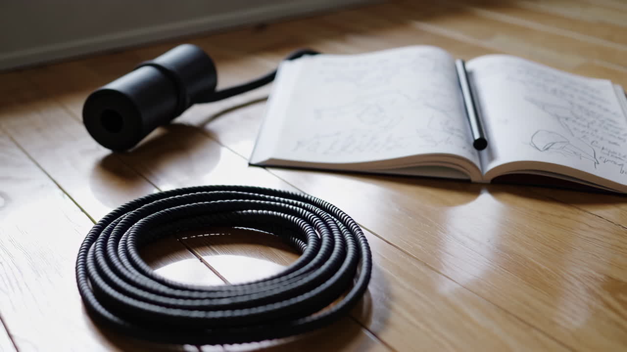 Notebook, Spiral Coil, and Black Cylinder on Wooden Floor