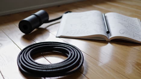 notebook, spiral coil, and black cylinder on wooden floor
