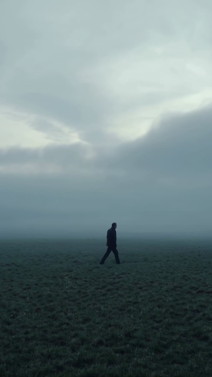 Vertical video: Walking man in dark coat traversing frost-covered plain through morning fog