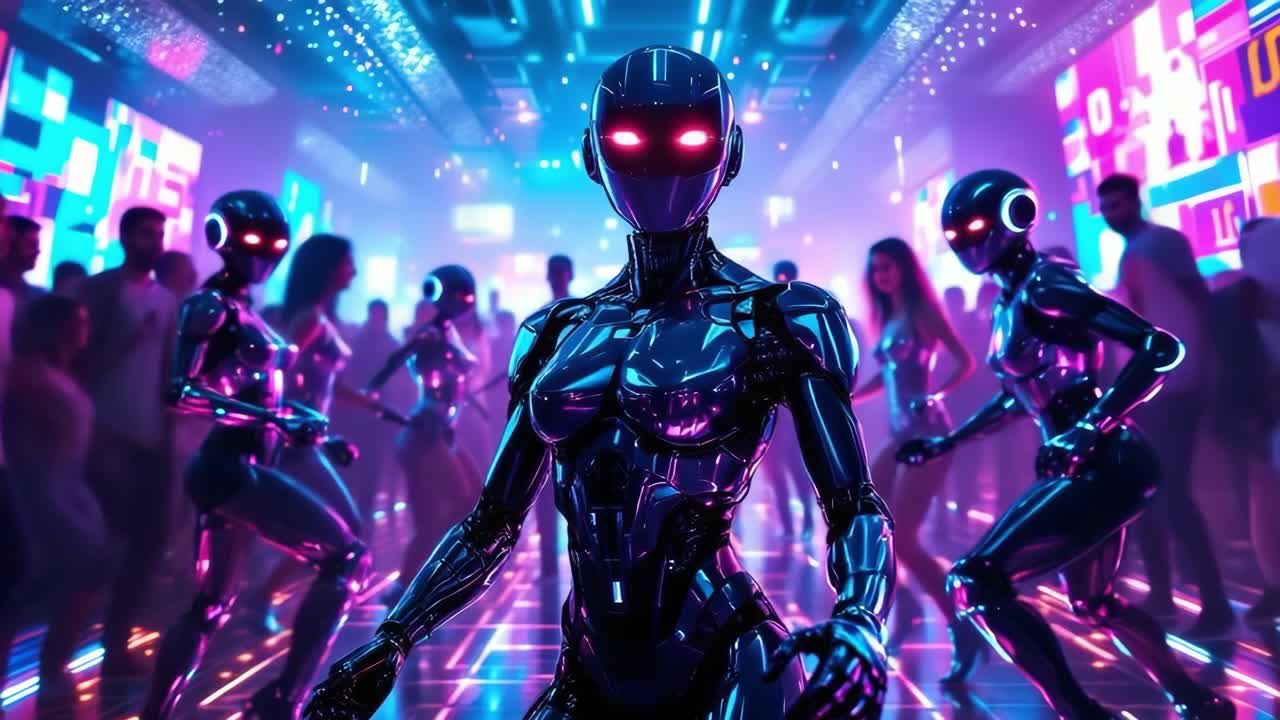Gynoid robots dancing with people in a futuristic nightclub illuminated by neon lights, creating a vibrant and surreal atmosphere