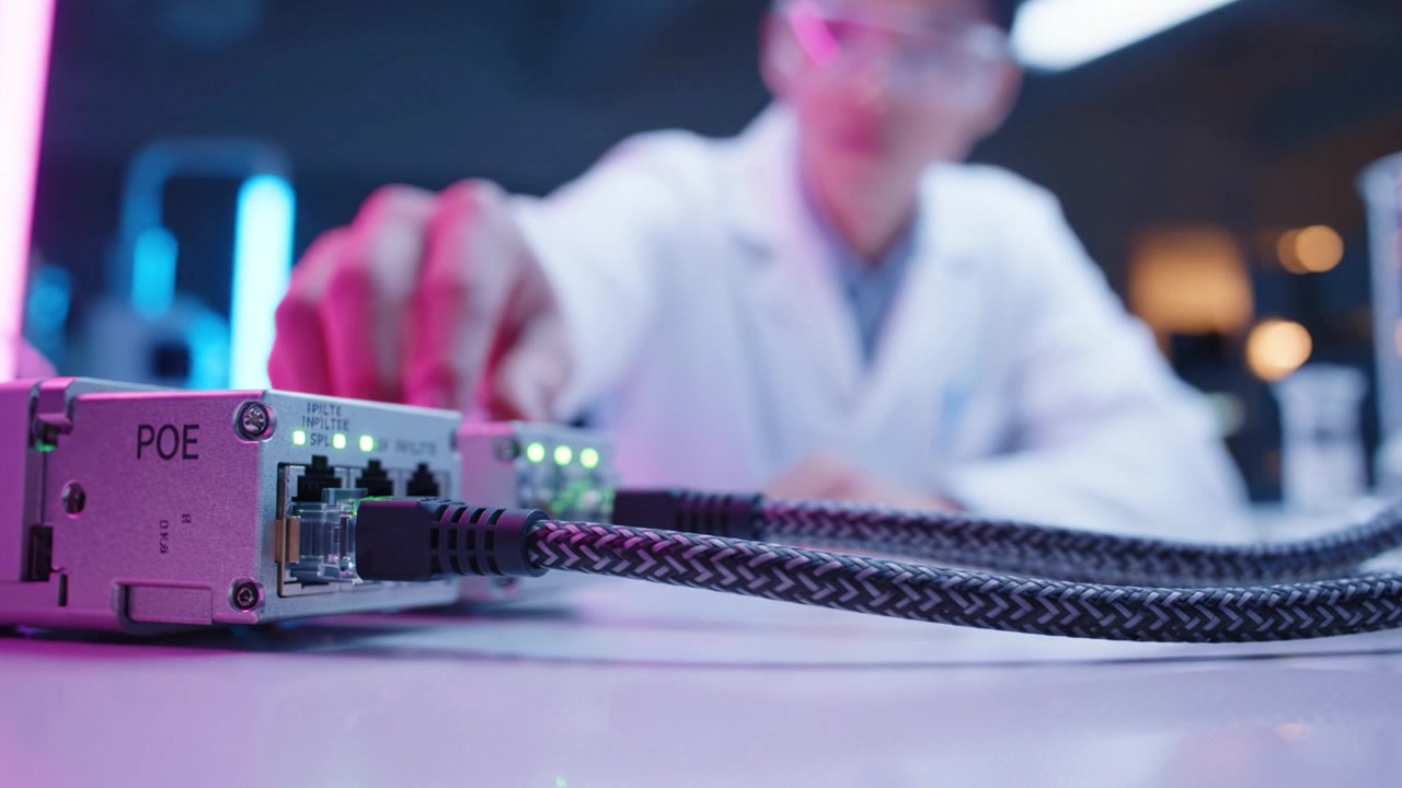 Udforskning af innovative teknologier: En fokuseret observation af POE-netværksudstyr i et moderne laboratoriemiljø under en praktisk eksperimenteringssession.